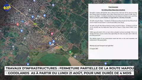 Travaux d’infrastructures : Fermeture partielle de la route Mapou-Goodlands  A5 à partir du lundi 21 Août, pour une durée de 4 mois