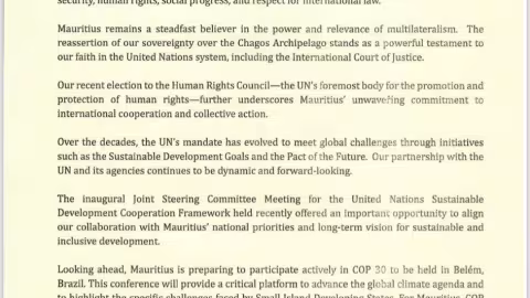 80e anniversaire de l’ONU : Maurice met en avant le rôle des Nations unies dans la paix, les droits humains et le dossier Chagos