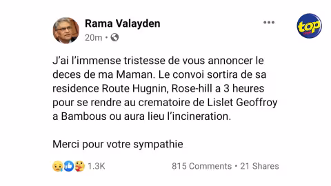 Nécrologie : Laxmee Valayden, la mère de Rama Valayden, est décédée