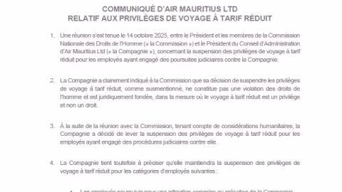 Voyages à tarif réduit : Air Mauritius fait marche arrière pour certains employés