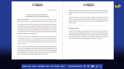 Nomination du Dr Rama Sithanen : Une nouvelle ère pour la Banque de Maurice, selon Mauritius Finance
