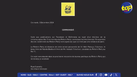 Pétition électorale contre les élus du NO 15 : « Le Reform Party se dissocie de cette action personnelle  de Vir Abhi Manuyu Trilocchun» , précise un communiqué  émis ce 3 décembre