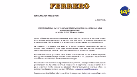 Cas suspects de salmonelle en Europe : Ferrero procède au rappel volontaire de certains produits de Kinder à Maurice