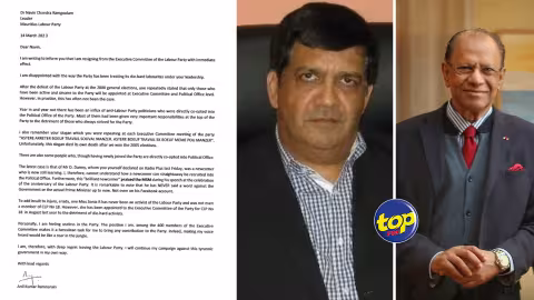 Anil Kumar Ramnarain à Navin Ramgoolam en soumettant sa démission : «  je  ne peux pas comprendre comment un nouveau venu a pu etre propulsé directement au bureau politique ; c’est avec regret que je quitte le Labour party, néanmoins je poursuivrai seul et à  ma façon, ma campagne contre ce ‘ gouvernement tyrannique’»,écrit l’ancien membre du Comité exécutif du PTr 