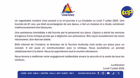 À La Citadelle : Une touriste victime d’un malaise, fait une chute…la Tourism Authority réaffirme son engagement envers la sécurité des visiteurs